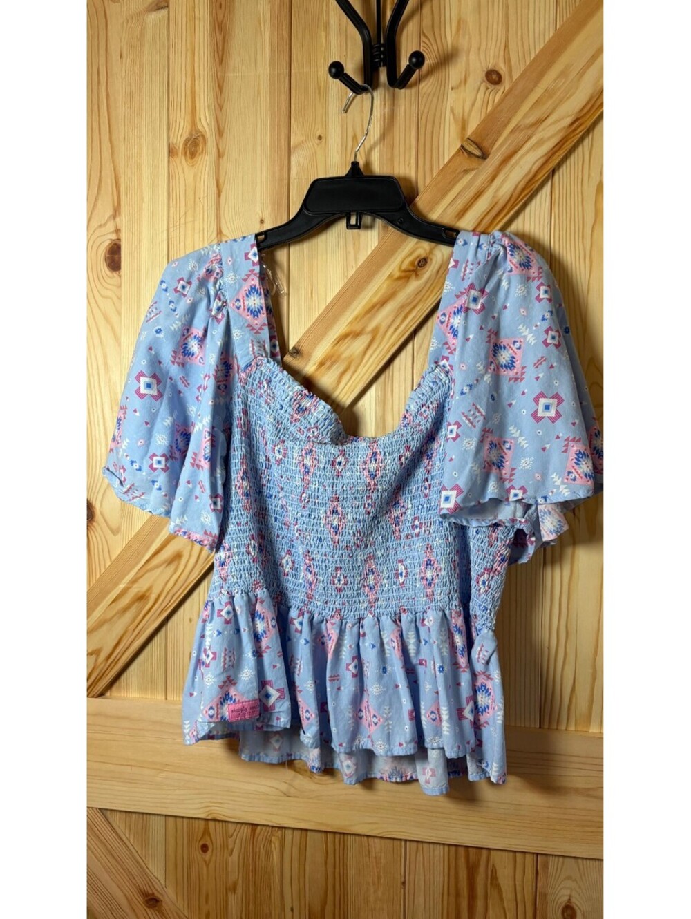 Simply Southern Blue Patterned Smocked Peplum Top with Puff Sleeves XXL